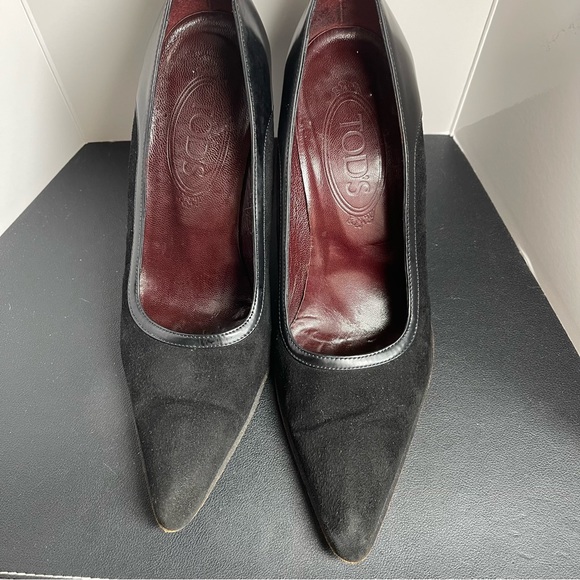 TOD'S Classic Black Suede Leather Trim Pumps Pointed Toe Slip On Heel Sz 37-US 7 - Picture 11 of 15
